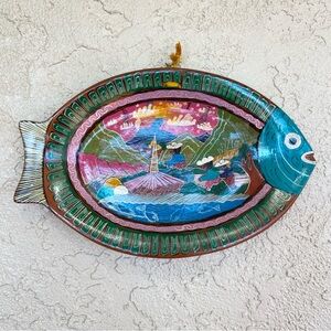 Vintage Mexican Folk Art Terracotta Hand Painted Fish Wall Art 12.5” x 8” x 1”